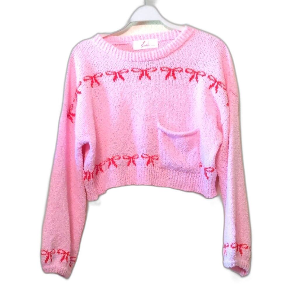 Y2K Cropped Sweater Twee Girly Bows Loose Soft Pink Medium